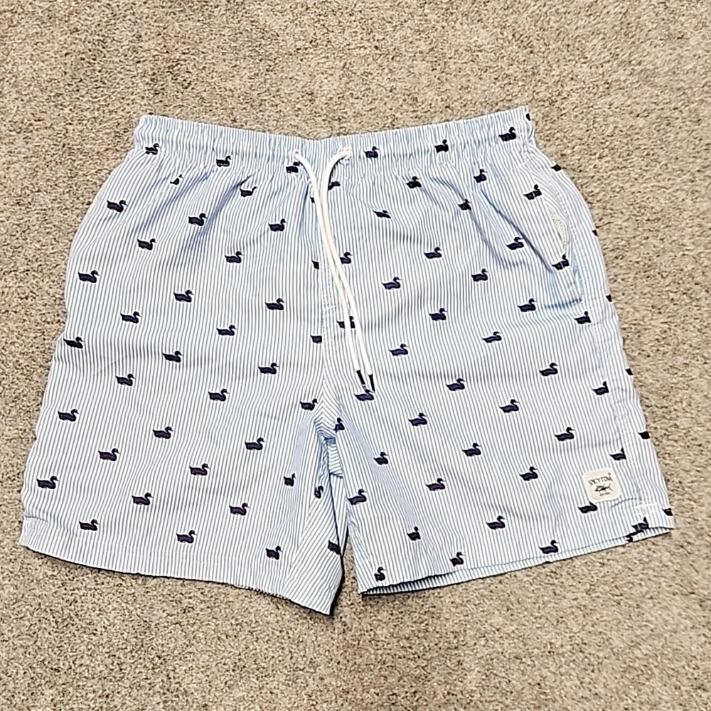 Men's Light Blue Pinstripe Swim Trunks with Navy Duck Motif